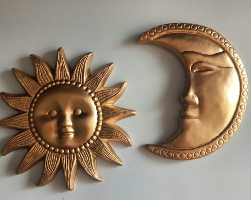 Sol Y Luna En Yeso Artesanal Pintados A Mano.