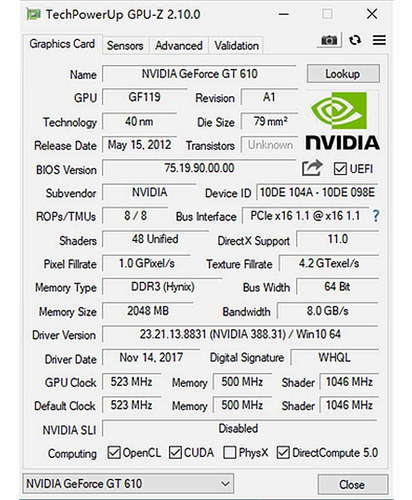 Geforce Gt 610 Tarjeta Gráfica 2gb D3 Hdmi Vga