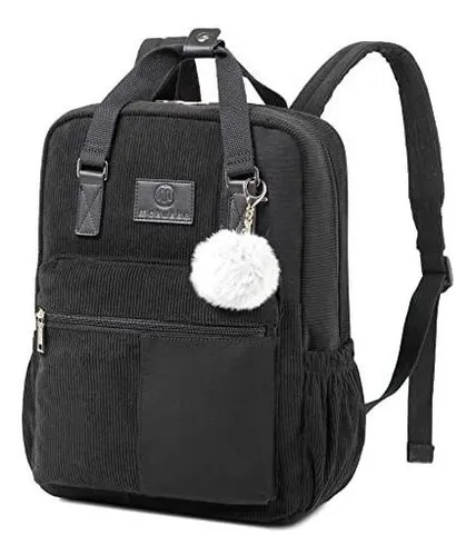 Mochilas Escolares De Pana C/ Pompon Llavero Unisex-negro