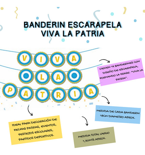 Banderin Escarapela Viva La Patria - Deco Argentina Celeste Y Blanco