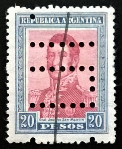 Argentina, Sello Gj 455 O S Martín 20p Hex H Perforad L12231