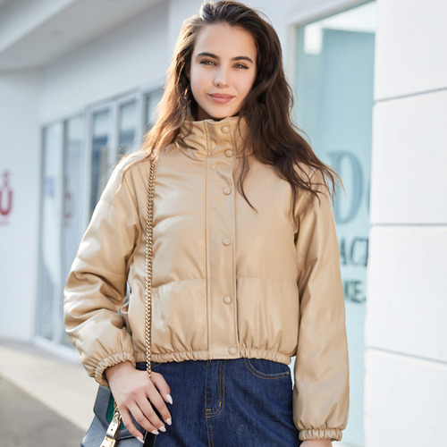 Chaqueta Dama Corta De Cuero Sintético De Algodón De Liso