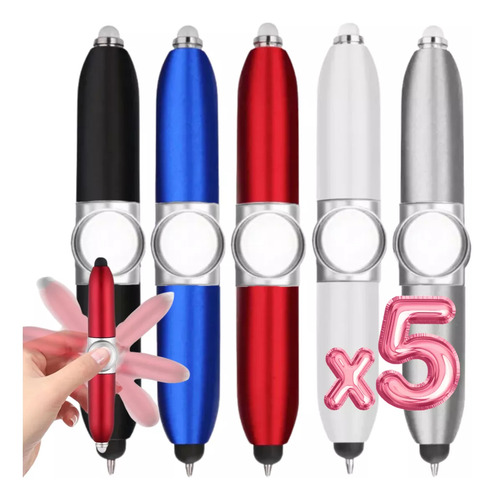 5 Mini Boligrafo 4en1 Spinner Linterna Luz Pantalla Táctil Tinta Negro Exterior Multicolor
