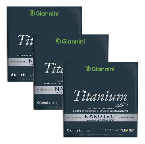 Kit 3 Cordas Giannini Violão 028 Genwta Pn Nanotec 85/15
