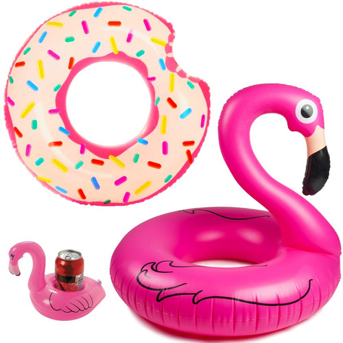 Kit Boia Piscina Inflavel Flamingo Gigante + Donut + Brinde