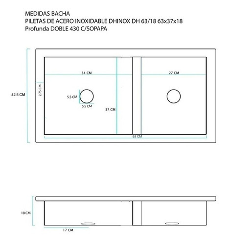 Imagen 2 de 3 de Pileta Bacha Acero Inoxidable Cocina Doble 63 X 37 X 18cm