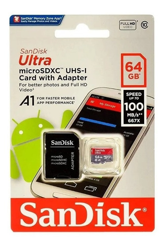 Memoria Microsd Sandisk 64gb Clase 10 Graba Full