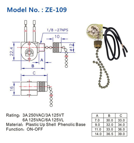 Interruptor De Luz Para Ventilador De Techo Ze-109, Paquete