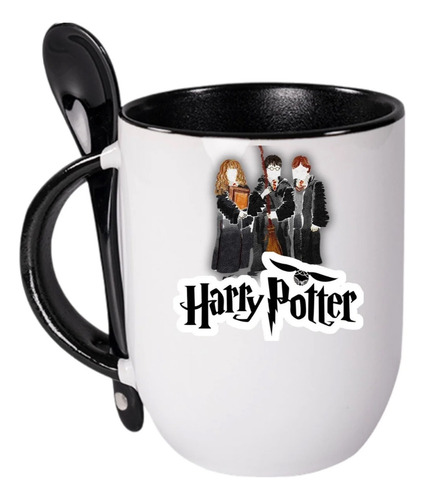 Taza Harry Potter Ron Hermione Hogwarts+llavero+cuchara Negro Harry Potter