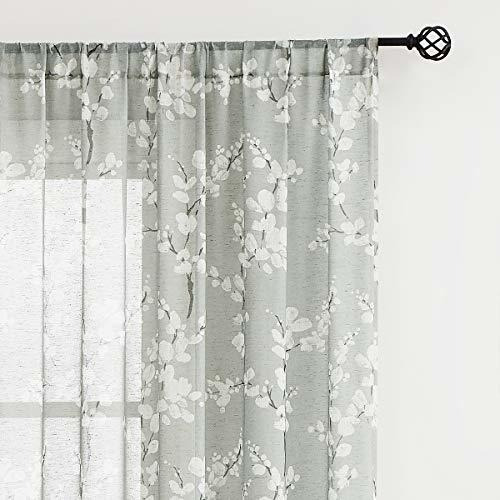 Cortinas Transparentes De Mezcla De Lino Con Diseño Floral F