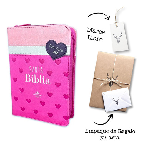 Biblia Rvr60 Tamaño Bolsillo Fucsia Con Corazones Cierre