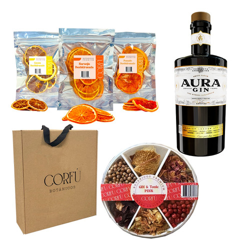 Kit Regalo Gin Aura + Botánicos Corfú X6 + Cítricos Premium