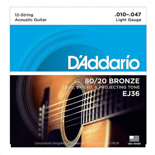 Cuerdas Encordado Guitarra Acustica 12 Cuerdas Daddario Ej36