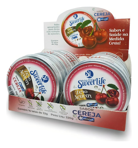 Display 10 Latas Bala Diet Sem Açucar Cereja Vegan