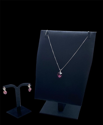 Conjunto Brinco E Colar Cristal Coração Folhado Prata