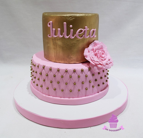 Torta Capitone Dorado Flor Rosa - 30 Personas Mesa Dulce