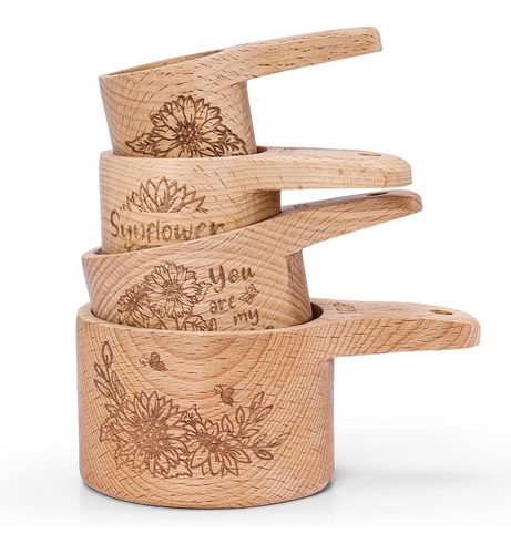 Juego 4 Taza Medidora Madera Girasol Utensilio Cocina