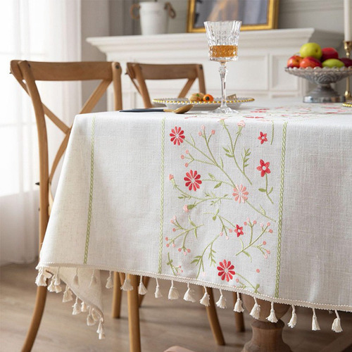 Mantel Moderno Con Borlas Bordadas De Lino Y Algodón