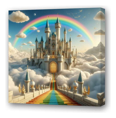 Cuadro 60x60cm Castillo Fantasia Nube Arco Iris Cielo M2