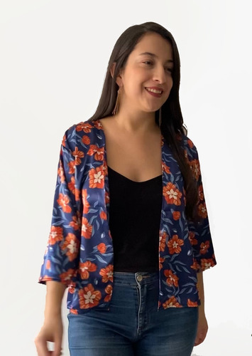 Cárdigan Satin Flores Para Mujer - Corto - 3/4