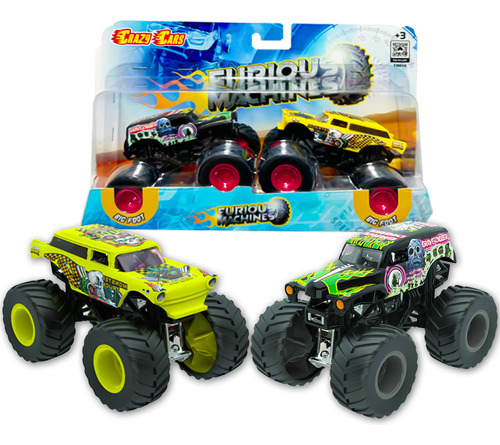 Kit 2 Carrinhos Furious Machine Monster Truck 1:64 Big Foot Cor Fm010 Ride E Grave Digger