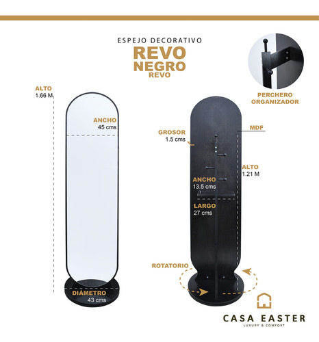 Espejo Giratorio Con Perchero Y Repisa Mod. Revo 166cm Alto Negro