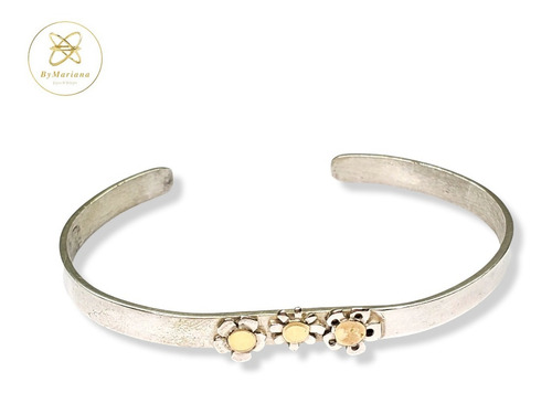 Imagen 2 de 6 de Pulsera Plata Y Oro Semiesclava Con Flores