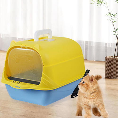 Caja De Arena Para Gatos Con Capucha De Mano Azul Amarillo