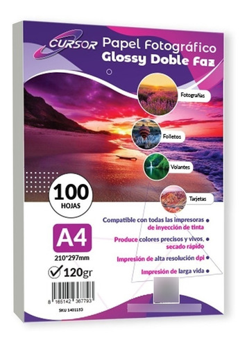 Papel Fotográfico Doble Faz Glossy Cursor A4 120 Gr 100 Hjs