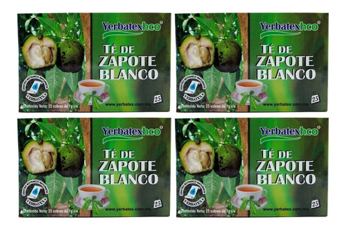 Pack 4 Té De Zapote Blanco Con 25 Sobres Cada Uno Yerbatex