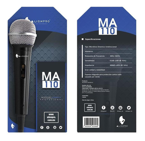 Imagen 2 de 3 de Micrófono Alámbrico Profesional Alienpro Ma-110 - S002
