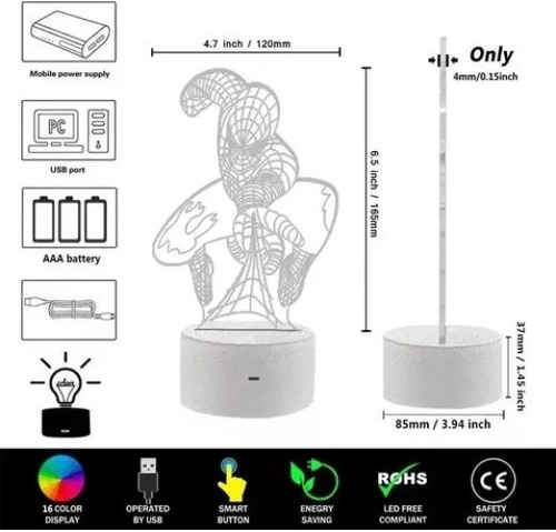 Luz Nocturna Led 3d Spiderman, Regalo Perfecto Para Niño