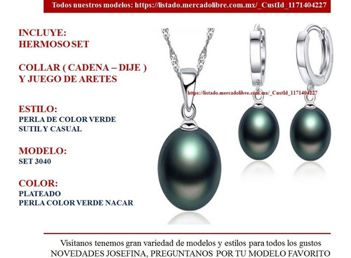 Set 3040) Conjunto Collar Dije Arete Perla Verde / Plata