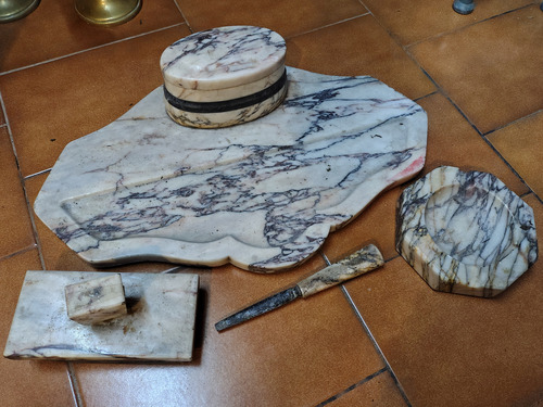 Tintero De Mármol Antiguo Con Set Para Escritorio (Usado)