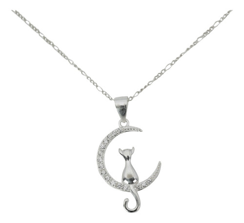Collar Plata 925 Gatito En La Luna +cadena Plata Fina 925 Color Plateado