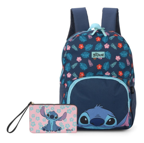 Kit Mochila Grande C/ Carteira Necessaire Stitch Disney