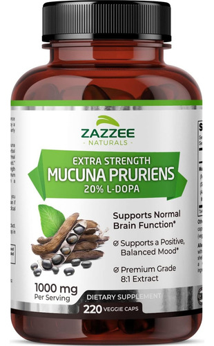 Zazzee Mucuna Pruriens 1000 Mg Animo Concentración 220 Cáps Sabor Sin Sabor