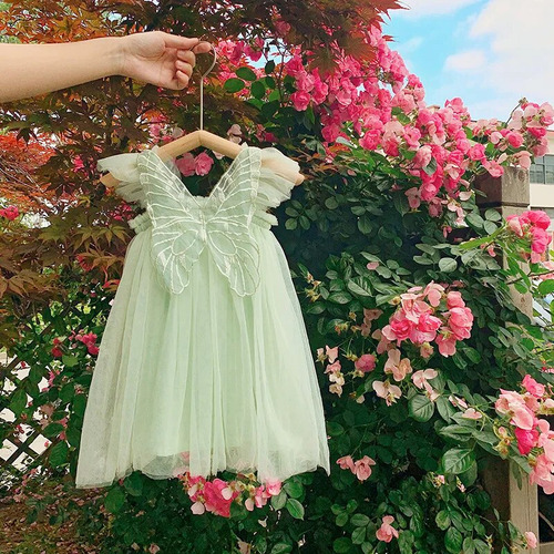 A Vestido De Manga Corta Para Niña, Diseño De Alas De