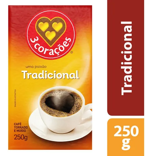 Café torrado e moído a vácuo tradicional 3 Corações pacote 250gr