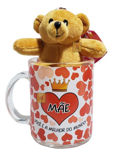 Caneca De Vidro Dia Das Mães 330ml + Urso Pelúcia Presente Cor Coração Vermelho