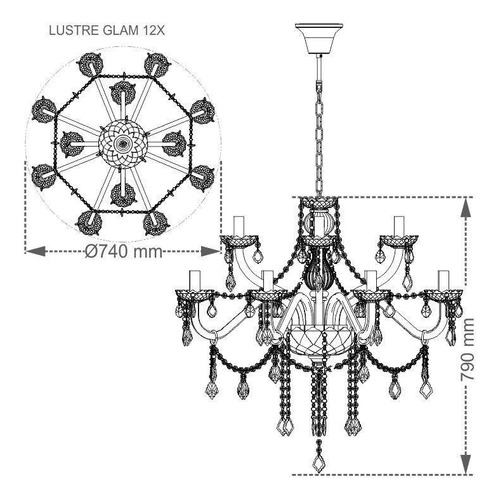 Lustre Glam Maria Tereza Champanhe 12 Braços E14 Taschibra