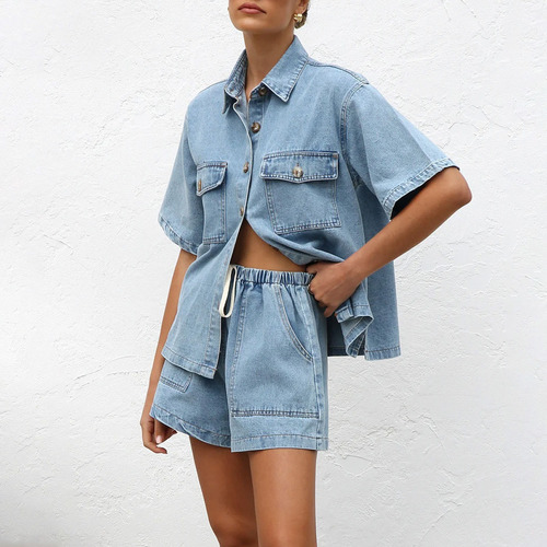 Conjunto Jeans Feminino De Verão Com 2 Peças