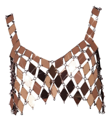 Chaleco De Lentejuelas, Top Corto Con Cuello De, Camiseta