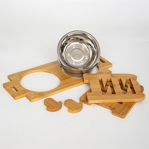 Sh Estante De Mesa De BambĂș, Cuenco Para Mascotas De Acero