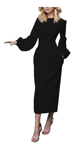Maxi Vestido Mujer Elegante Color Sólido Manga Larga Slim