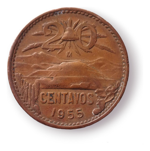Moneda 20 Centavos Teotihuacán Cobre Aguila Grande 1955