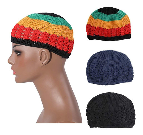 Unisex 100% Cotton Lattice Crochet Knitting Kufi Caps 3 Pack