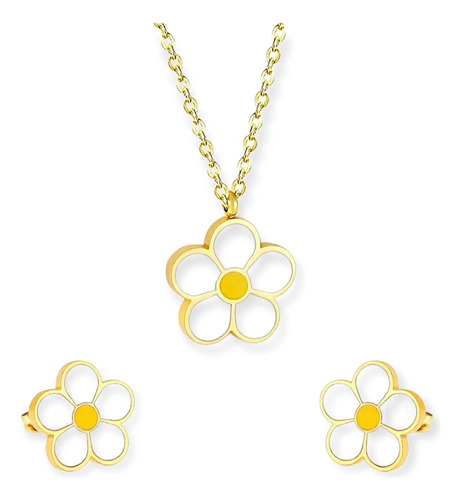 Set Flor Aretes + Collar Acero Inoxidable, Regalo Mujer Niña