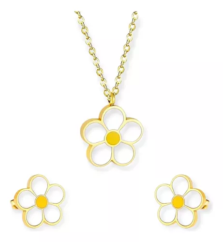 Set Flor Aretes + Collar Acero Inoxidable, Regalo Mujer Niña