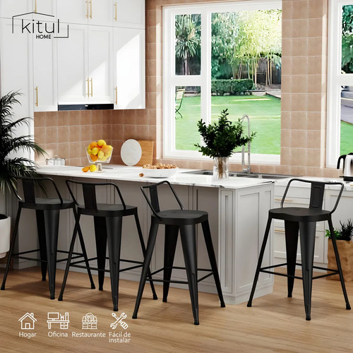 Set 4 Bancos Metálico Alto Tolix Respaldo Barra Comedor Color Negro